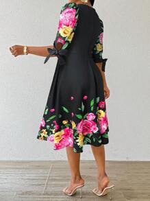 SHEIN Lady Vestidos de fiesta elegantes de punto de cuello redondo para bodas y fiestas, con mangas tres cuartos, para otoño e invierno - Negro - Ver 2