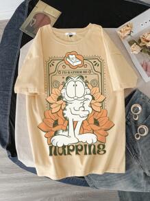 GARFIELD X SHEIN Women's Casual Cartoon Cat & Letter Print Short Sleeve T-Shirt, Summer