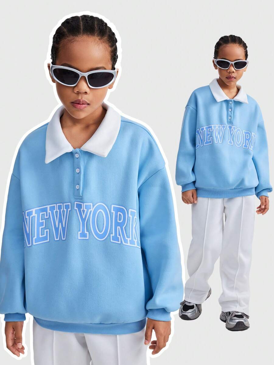 SHEIN 少女基础款针织保暖内衬撞色蓝色 Polo 领卫衣,母女装 - 淺藍色 - 查看 1