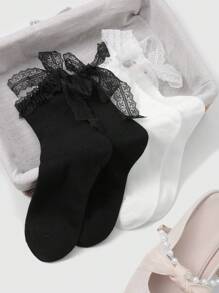 ROMWE Kawaii 2 pares de calcetines de media pantorrilla para mujer de unicolor simple, con lazo de encaje y malla, que absorben la humedad y proporcionan aislamiento térmico, versátiles y con volantes a la moda, adecuados para uso diario, con empaque de caja de regalo