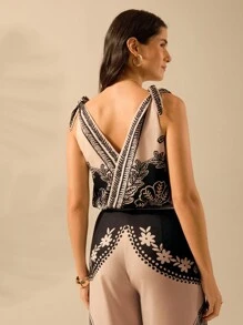 CAJUNI Women's Boho Tropical Bird & Plant Print V-Neck Tie Shoulder Casual Sleeveless Crop Top, Apricot Beach Vest For Summer - Multicolor - View 2