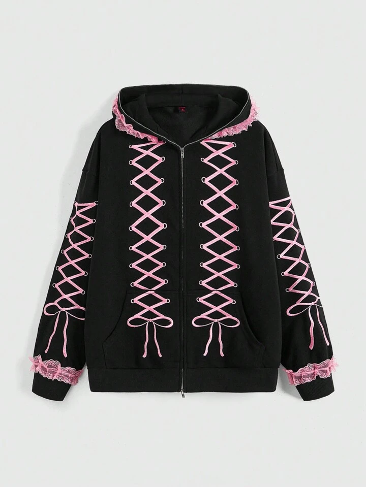 Coprispalle Donna In Pizzo A Rete Y2K - Maniche Lunghe Con Fiocco, Cardigan Estivo Trasparente, Nero/Rosa, Taglia Unica