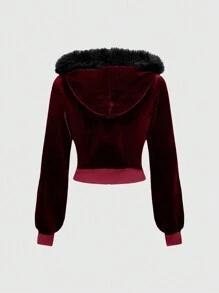 ROMWE Grunge Punk Y2K Velvet Cropped Hoodie And Low-Waist Flare Pants 2Pcs Set For Women