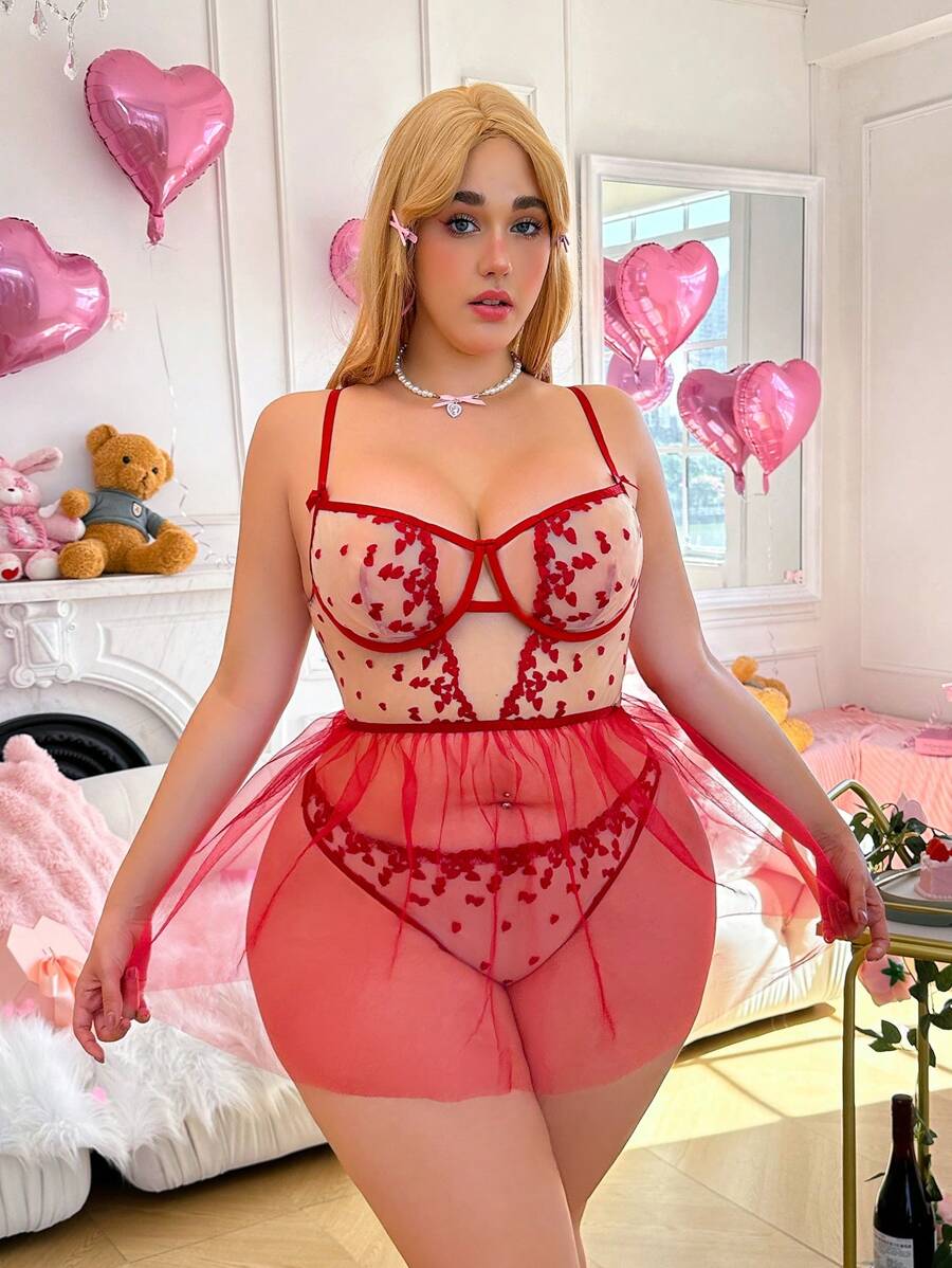 PetitDoll 2 件情人节套装：复古浪漫心形刺绣蝴蝶结网眼性感内衣和睡衣 - 酒紅色 - 查看 1