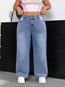 SHEIN EZwear 大尺碼破壞風寬腿牛仔褲 - 淺色水洗藍 - 查看 6
