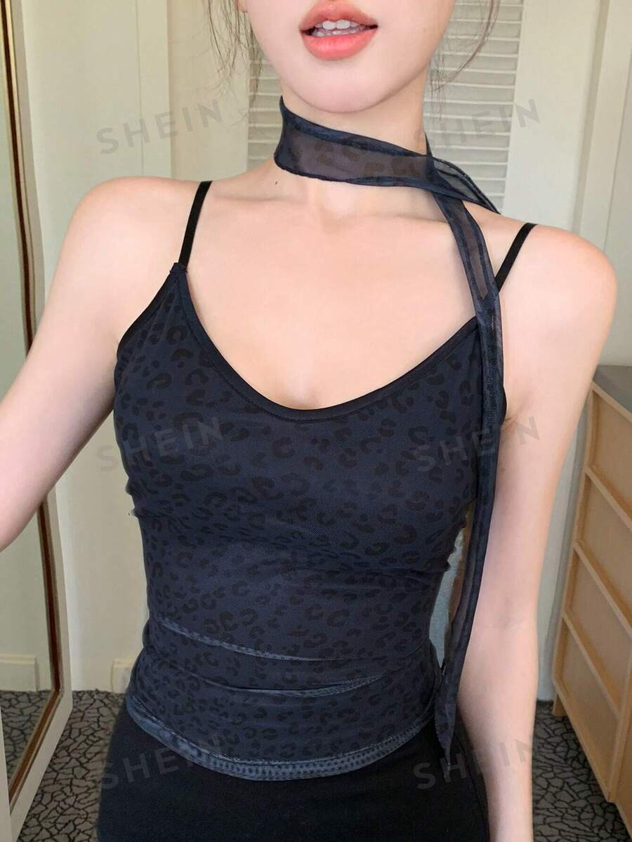 DAZY Tricou de damă, cu imprimeu leopard, cu bretele spaghete, ocazional, camisole, vară