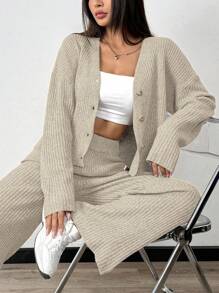 Chiquease Ribbed V-Neck Casual Knit Solid Color Commuter Fitted Skirt Suit