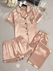 Moireta 3Pcs Set Heart Embroidered Faux Silk Short Sleeve Top & Shorts & Pants Pajamas - Champagne - View 1