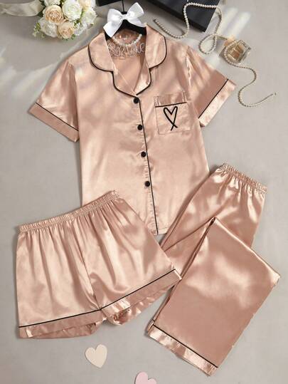 Moireta 3Pcs Set Heart Embroidered Faux Silk Short Sleeve Top & Shorts & Pants Pajamas
