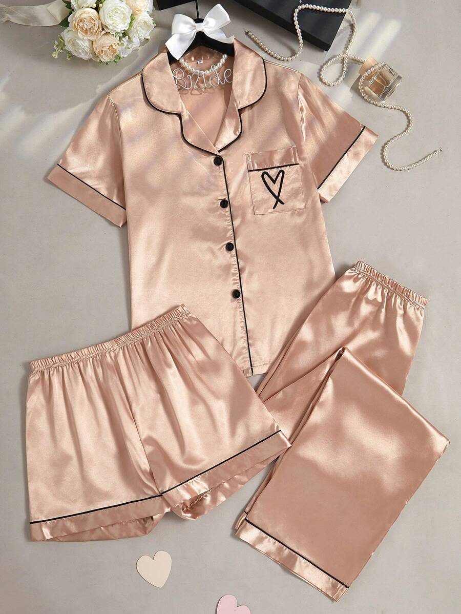 Moireta 3Pcs Set Heart Embroidered Faux Silk Short Sleeve Top & Shorts & Pants Pajamas - Champagne - View 1