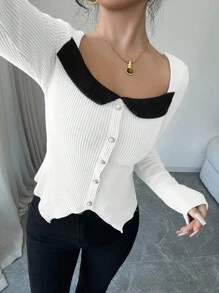 Elenzga Autumn/Winter Color Block Crew Neck Long Sleeve Asymmetrical Hem Tight Fit Fleece T-Shirt - White - View 7