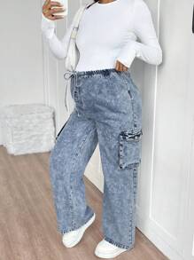 SHEIN Adjustable Elastic Waist Drawstring Blue Denim Loose Maternity Pants - Blue - View 1