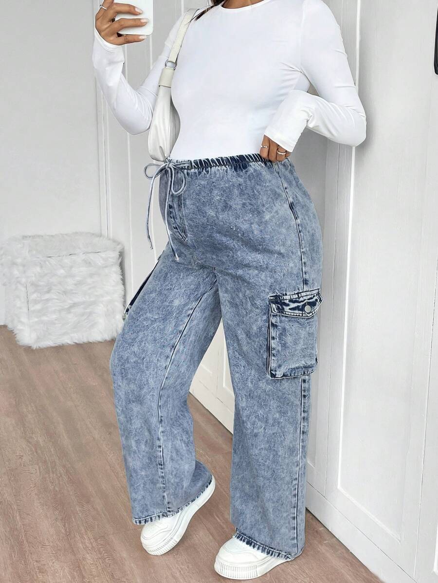 SHEIN Adjustable Elastic Waist Drawstring Blue Denim Loose Maternity Pants - Blue - View 1