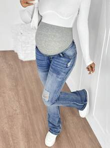 SHEIN Jeans de maternidad acampanados de tela elástica desgarrados en azul para mujeres embarazadas en gris tejidos