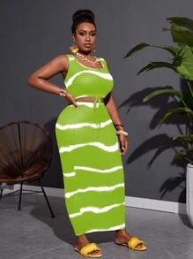 Slaydiva Conjunto de 2 piezas de minifalda y chaleco con cordón con estampado de rayas tie-dye de corte ceñido y tejido elástico para vacaciones, talla grande - verde menta - Ver 3