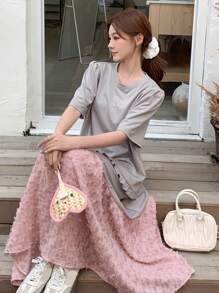 DAZY Women's Color Block Round Neck Frill Trim Patchwork Short Sleeve Dress Sundress - Grey - View 6