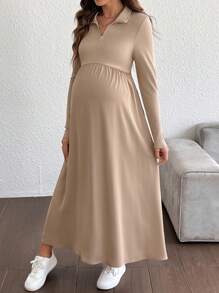 SHEIN Maternity Solid A-Line Dress - Khaki - View 1