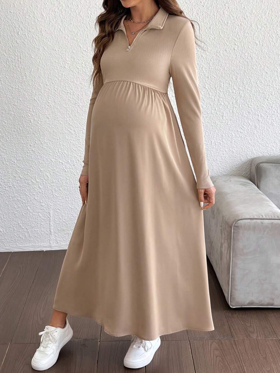 SHEIN Maternity Solid A-Line Dress - Khaki - View 1