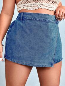 SHEIN CURVE+ Plus Size Casual Washed Wrap Denim Shorts - Medium Wash - View 5