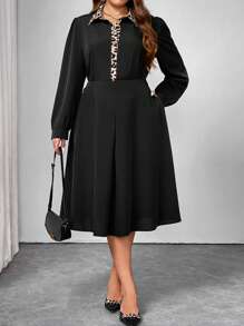 INAWLY Women Plus Size Elegant Leopard Patchwork Long Sleeve Shirt With Skirt 2 Pieces Set