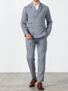 Manfinity Mode 男士纯色纽扣前口袋设计长袖上衣和裤子套装