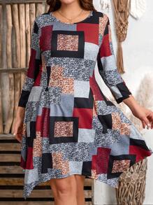 SHEIN ثوب قصير ضيق لون محدب موسم الربيع/الصيف بأكمام ثلاثة أرباع, أسلوب متباين مناسب للمكتب والخروج للمرأة البدينة - متعدد الألوان - مشاهدة 3