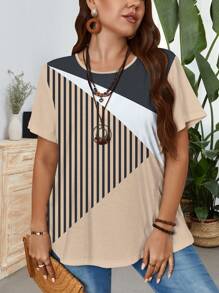 EMERY ROSE 女式大码几何色块图案 T 恤，休闲宽松，夏季 - 彩色 - 查看 3