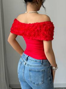 Rafferiza Romantic Valentine's Day Red 3D Rose Flower Off Shoulder Ruched Women Elegant Ruched Bodycon T-Shirt - Red - View 2