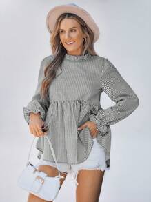 SHEIN LUNE Women's Striped Round Neck Ruffle Sleeve Casual Blouse,Going Out Tops Women,Long Sleeve Shirt,Office Wear,Country - Black and White - View 3