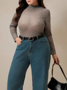 BizChic Plus Size Women Floral Flocked Mesh Stand Collar Long Sleeve Fitted Fashionable Top, Autumn - Apricot - View 3