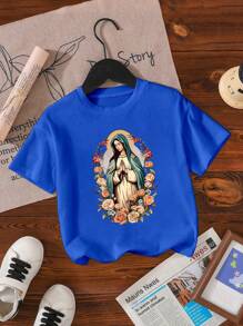 Young Boy Casual Virgin Mary Print Short Sleeve T-Shirt
