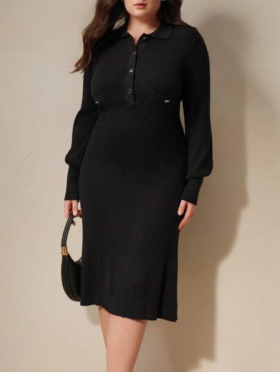 BizChic 大码纯色前扣长袖简约休闲/工作中长连衣裙