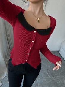 Elenzga Autumn/Winter Color Block Square Neck Long Sleeve Asymmetrical Hem Slim Fit Fleece T-Shirt - Burgundy - View 5