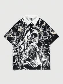 ROMWE MEN Goth Men's All Over Printed Short Sleeve Polo Football Jersey Style Shirt, Suitable For Everyday Wear, Spring/Summer