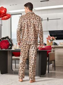 Men's Leopard Print Faux Silk Pajama Set With Collar And Button - Camel - View 2
