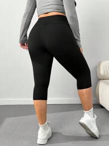 SHEIN EZwear 大码黑色弹力七分紧身裤