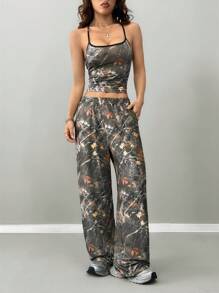 SHEIN Coolane Conjunto de 2 piezas de mujer para salir, de punto informal para deporte de otoño/invierno, con estampado de ramas de árbol, que incluye top de tirantes y pantalón de chándal - Multicolor - Ver 4