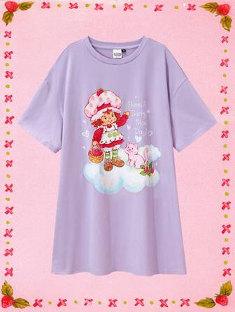 Strawberry Shortcake X SHEIN Nuisette d'été décontractée grande taille avec imprimé fraise, col rond, manches courtes