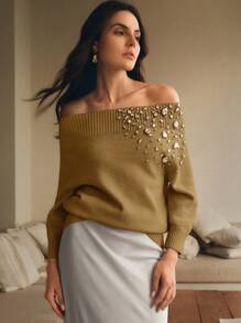 Anewsta Elegant Off Shoulder Rhinestone Studded Sweater, Women For New Year Knit Pullover Fall Winter Sweater - Khaki - View 2