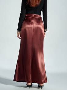 SHEIN Privé Elegant Vintage Style Satin Floor-Length Mermaid Skirt, Sophisticated Minimalist Fashion, Spring/Valentine's Day - Red Violet - View 6