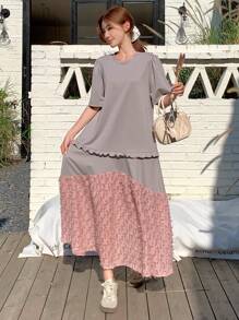 DAZY Women's Color Block Round Neck Frill Trim Patchwork Short Sleeve Dress Sundress - Grey - View 7