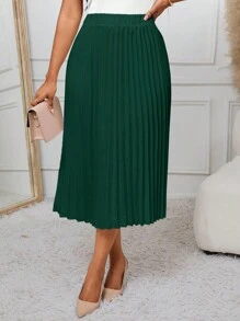 SHEIN Lady Falda plisada blanca con línea A en color verde, versátil para el trabajo y las fiestas - Verde Oscuro - Ver 4