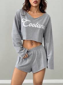 Coolane 2pcs/Two Pieces Women's Spring Fall Summer Daily Wear Athleisure Basic Knit Letter Print Comfortable Grey Over Size Asymmetrical Neck Long Sleeve Cropped Pullover Sweatshirt And Mid Rise Elastic Waistband Sweater Shorts Set