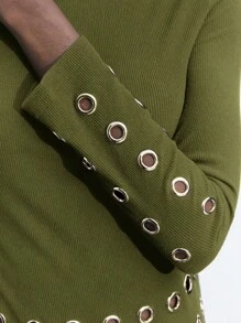 Maija Women's Olive Green Solid Color Modern Urban Design Puckered Decor Slim Fit Crew Neck Long Sleeve Casual Everyday T-Shirt Business Casual Women's Wear, Office Wear, Low-Key Old Money Style, Effortless Temperament, High-End Urban Commuting, The Same Style As The Editor-In-Chief Of The Magazine, Urban Social Vacation Party Wear, Charming, Low-Key And Durable Basic Style, Versatile And Not Picky Clothing, Street Fashion Wear, Clothing, Coffee Shop, Relaxed Wear