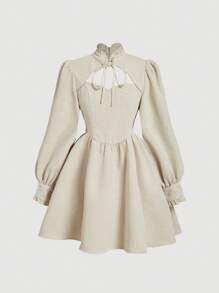 SHEIN MOD Women's Solid Color Front Tie Long Sleeve Casual Dress - Apricot - View 1