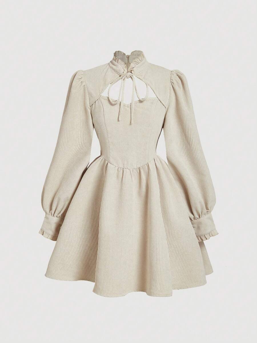 SHEIN MOD Women's Solid Color Front Tie Long Sleeve Casual Dress - Apricot - View 1