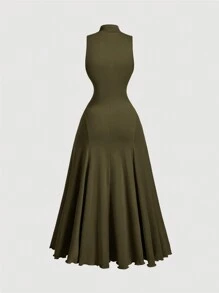 SHEIN MOD Plus Size Olive Green Turtleneck Sleeveless Dress,Elegant Summer Everyday Fall Long Dresses For Women,Vintage Evening Prom Homecoming Cruise Outfits - Army Green - View 2