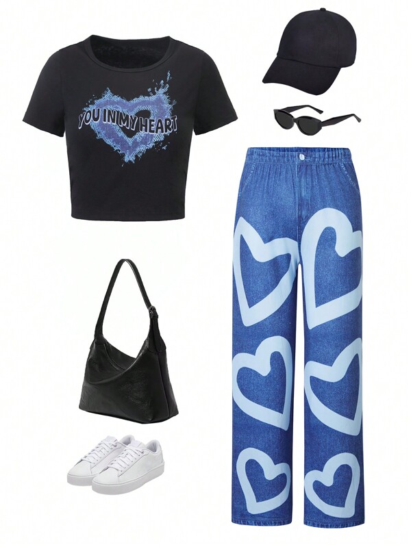 2pcs/Set Tween Girl Denim Effect Heart Print Black T-Shirt And Denim Effect Heart Print Pants Outfit, Fashionable Design Suitable For School, Outing, And All Seasons
