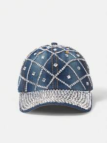 SHEIN SXY 女士華麗鑽石裝飾遮陽帽，適合日常佩戴 - 藍色 - 查看 6