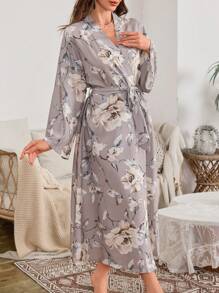 女士花卉印花喇叭袖长袍